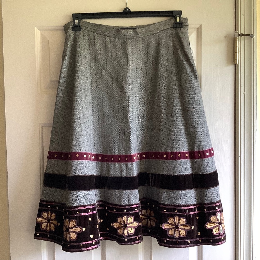 Context Wool Blend Twill Velvet Sequins Embroidered Midi Skirt Gray SZ 10